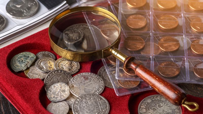 State quarters and silver coins in an album under a magnifying glass