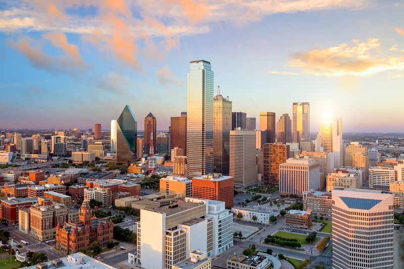 Downtown Dallas skyline at sunset, home to many places to sell coins