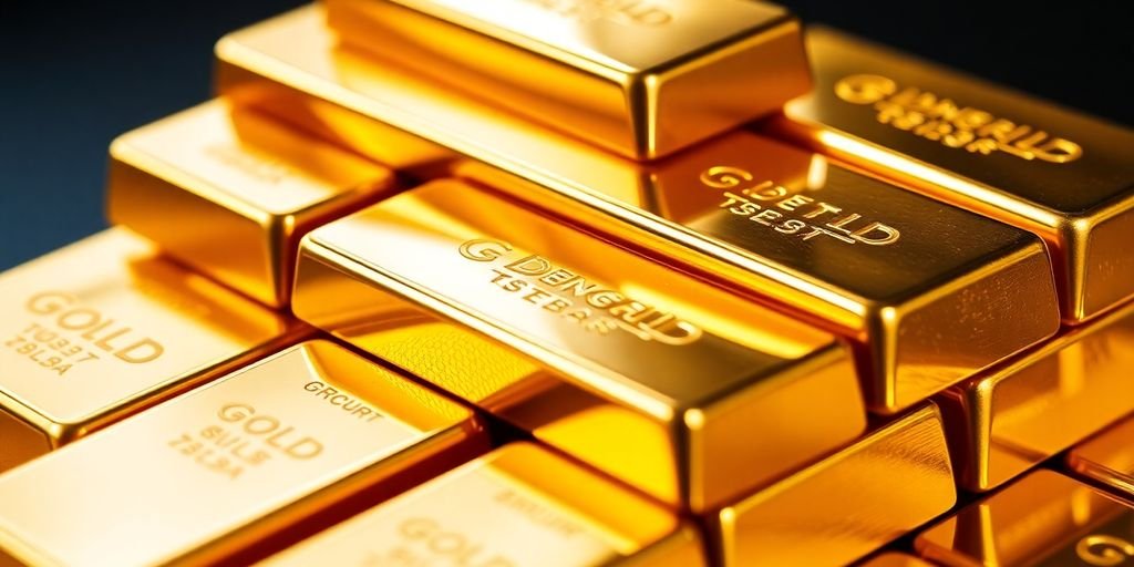 Close-up of shiny gold bullion bars stacked together.