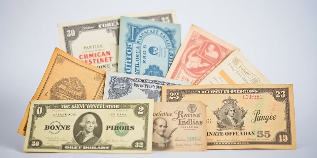 Collection of vintage paper money in various denominations.