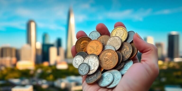 Hand holding a collection of coins in Dallas.