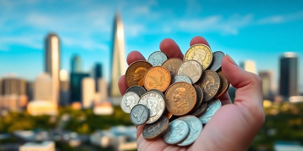 Hand holding a collection of coins in Dallas.