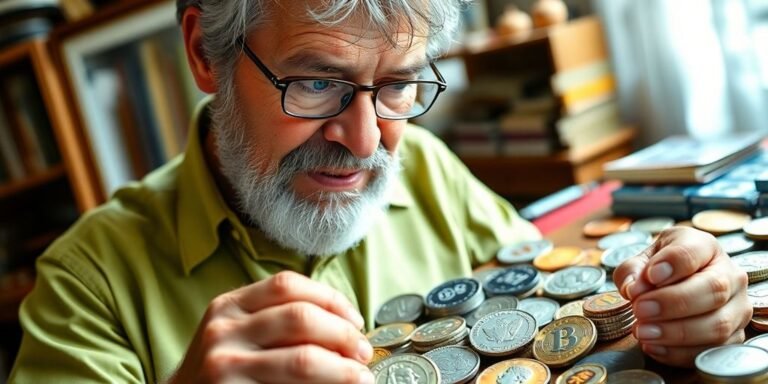 Collector examining coins for online sale in Dallas.