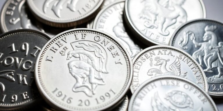 Close-up of various silver coins on a table.