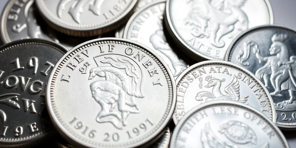 Close-up of various silver coins on a table.