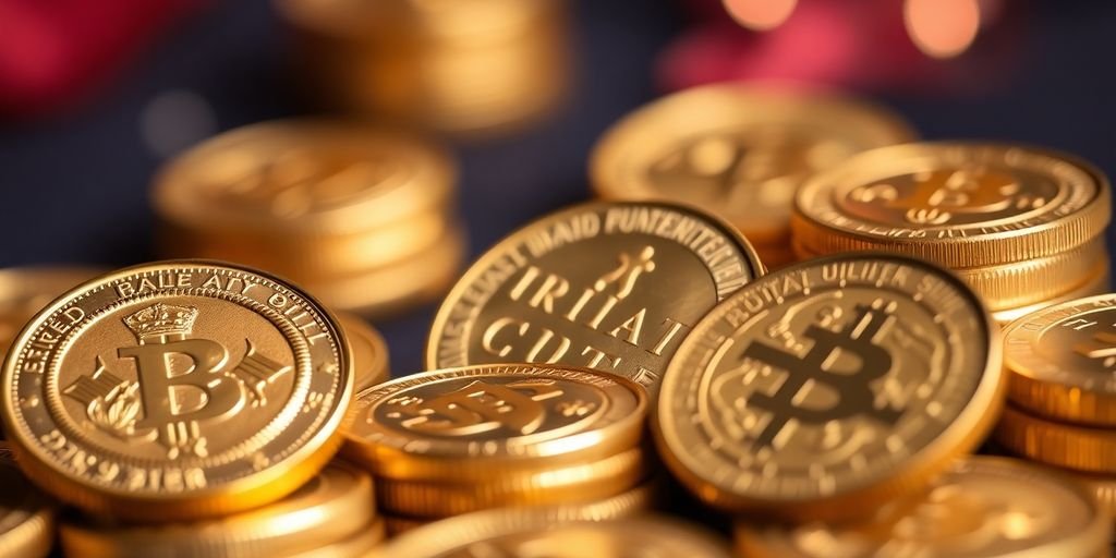 Close-up of rare gold coins on a dark velvet surface.