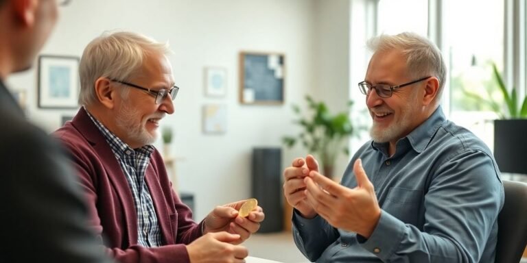 Coin buyer interacting with a customer in office.