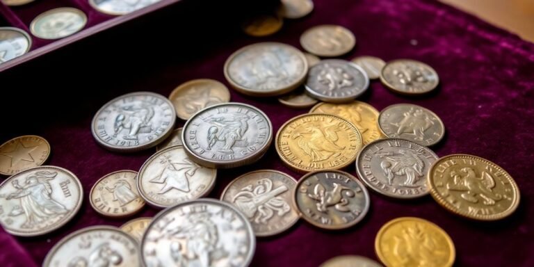 Close-up of valuable coins on a velvet background.