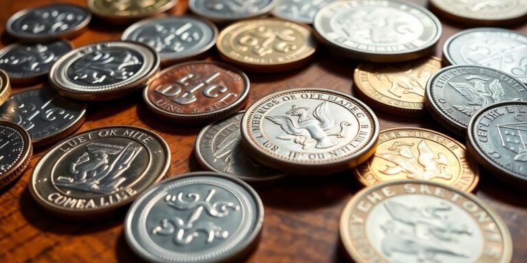 Close-up of assorted shiny coins on a wooden table.