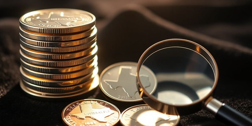 Close-up, glimmering Texas commemorative coin collection.