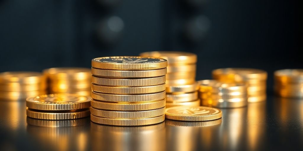 Gold and silver coins stacked.