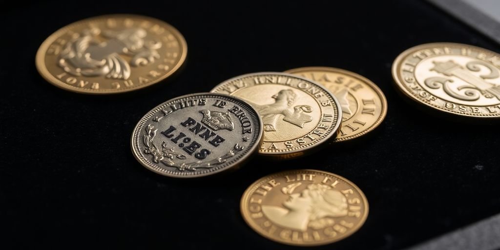 Gleaming antique coins on dark velvet.