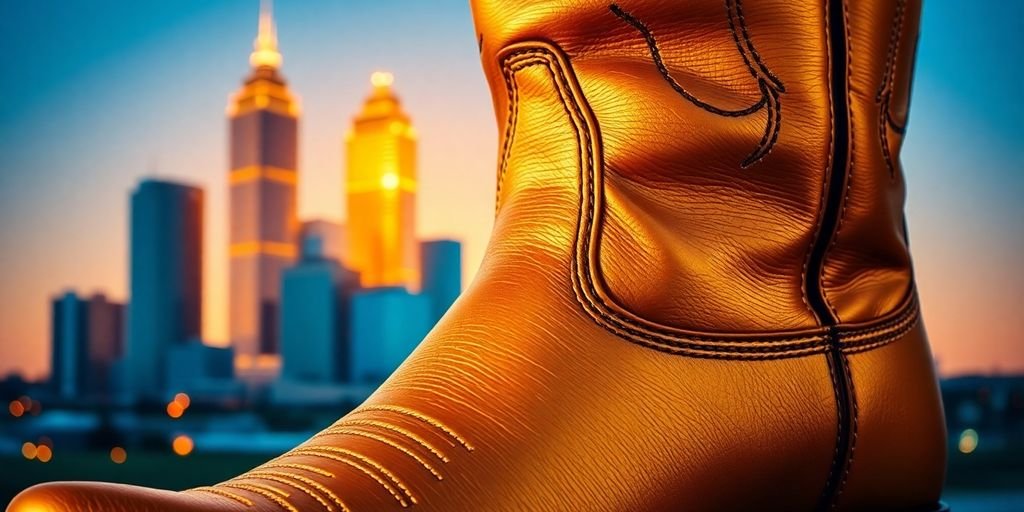 A golden cowboy boot and Dallas skyline.