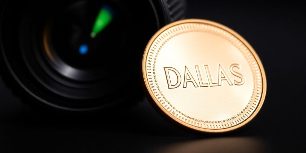 Close-up Dallas coin next to camera lens.