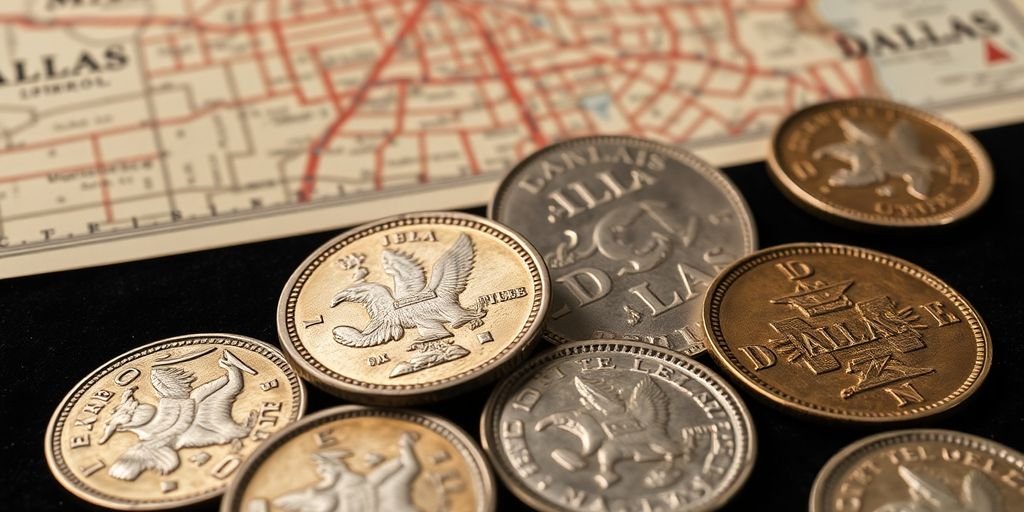 Historic Dallas coins stacked, antique map background.