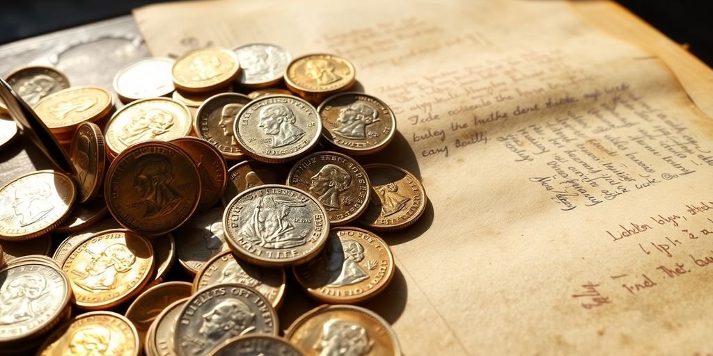 Vintage coins and a leather-bound ledger.