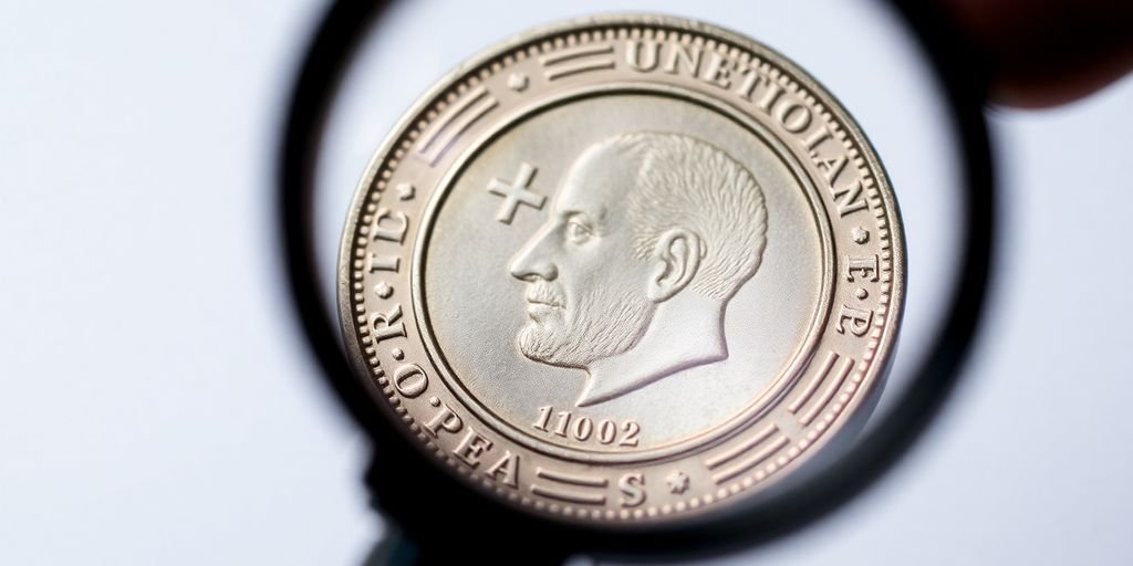 Magnifying glass over a coin.