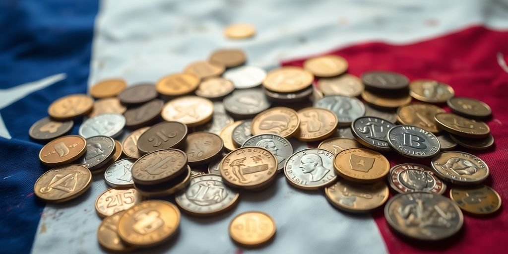 Texas flag with scattered gold and silver coins.