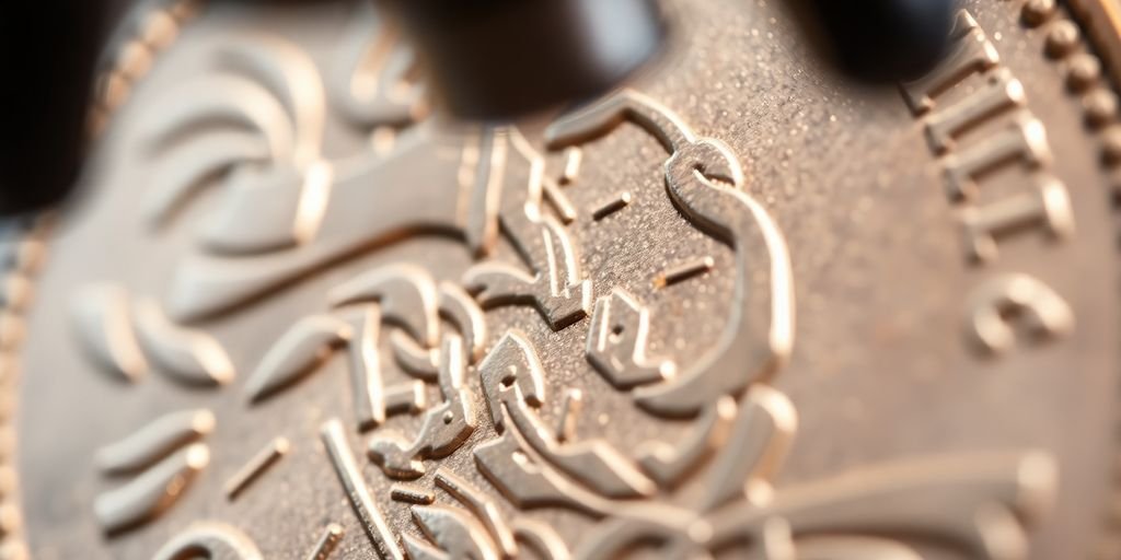 Close-up of a coin under a microscope.