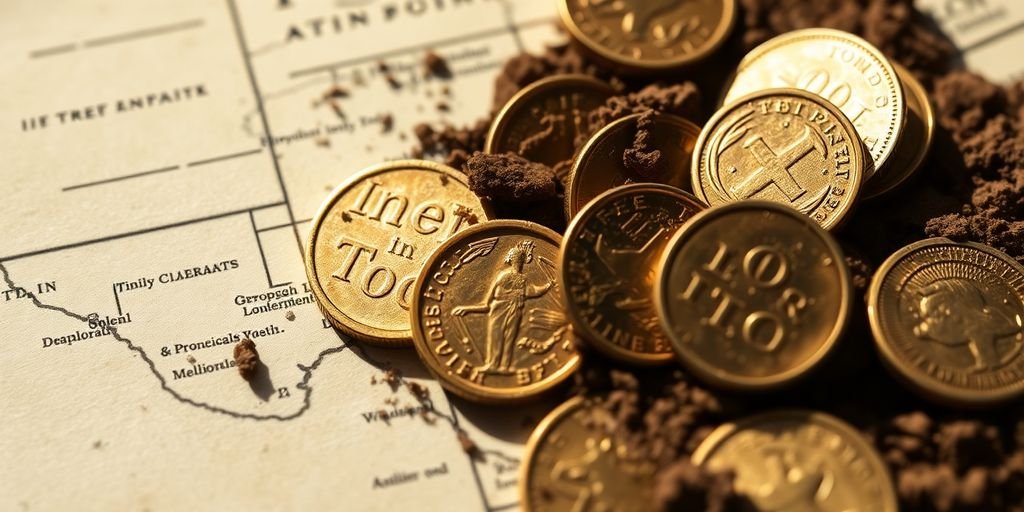 Gold coins scattered on a map of Texas.