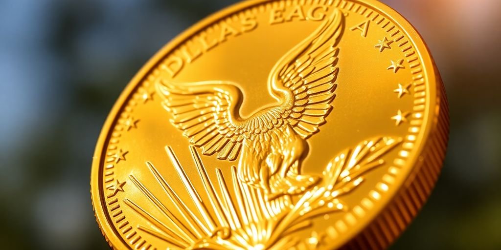 Close-up of a gleaming Dallas Gold Eagle coin.