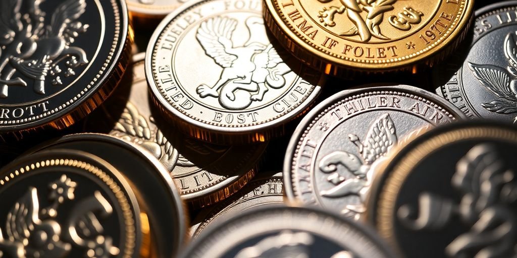 Shiny modern commemorative coins arranged artfully.
