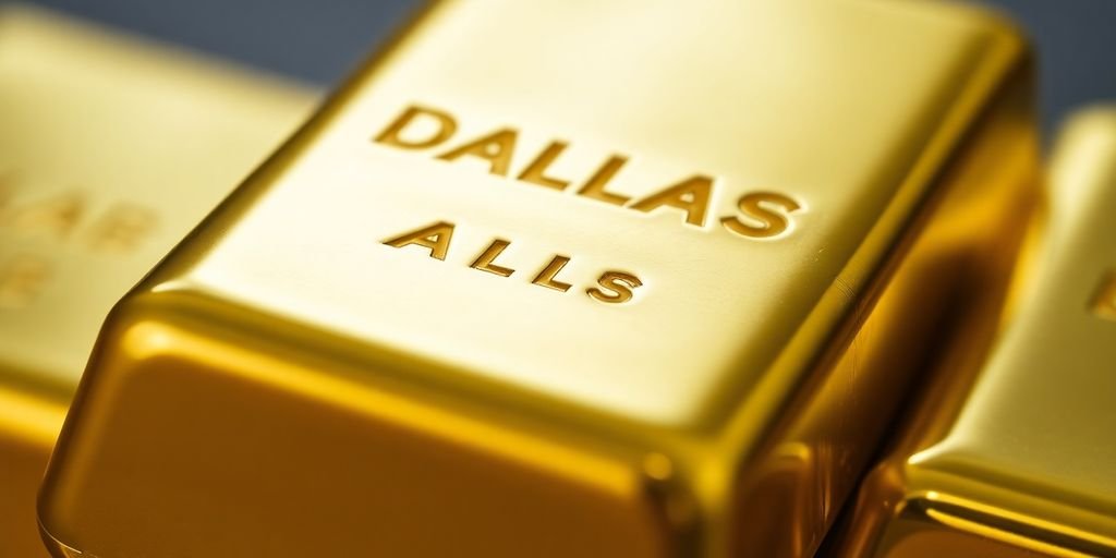 Golden Dallas bullion bar with a polished, reflective surface.