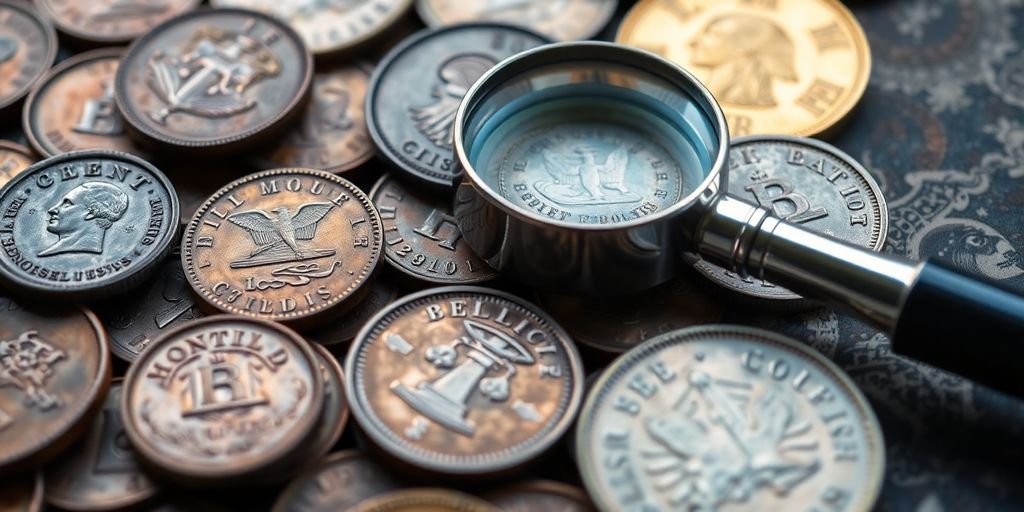 Close-up of antique coins and magnifying glass.