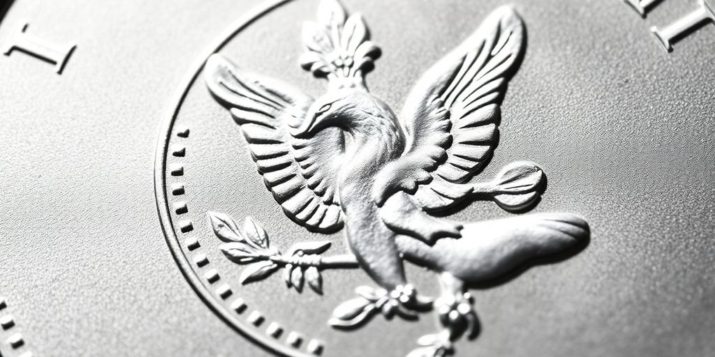 Close-up of a gleaming silver coin with proof finish.
