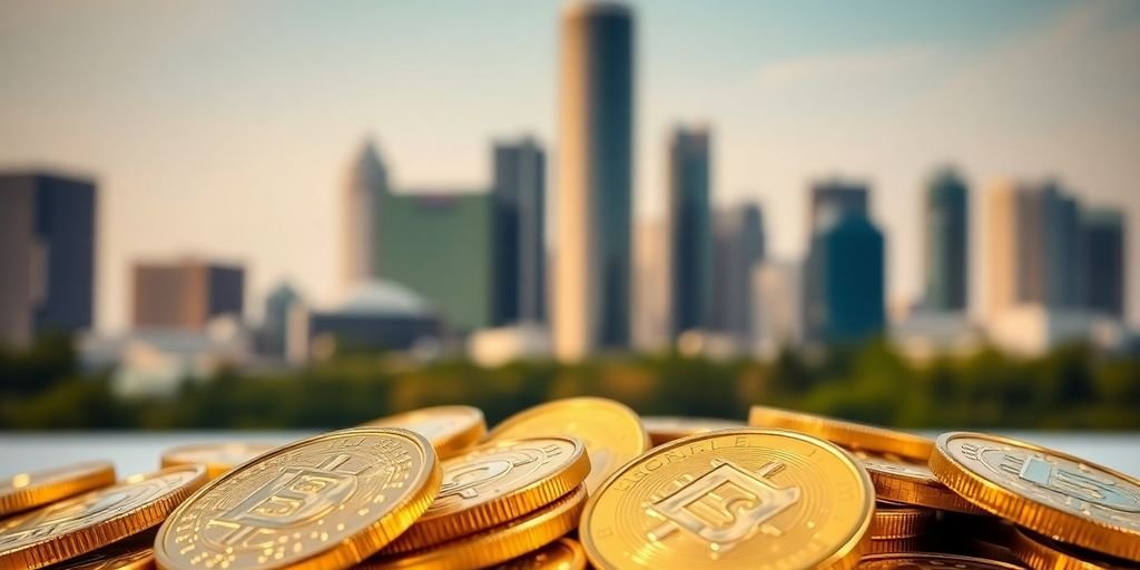 Golden coins and Dallas skyline background.